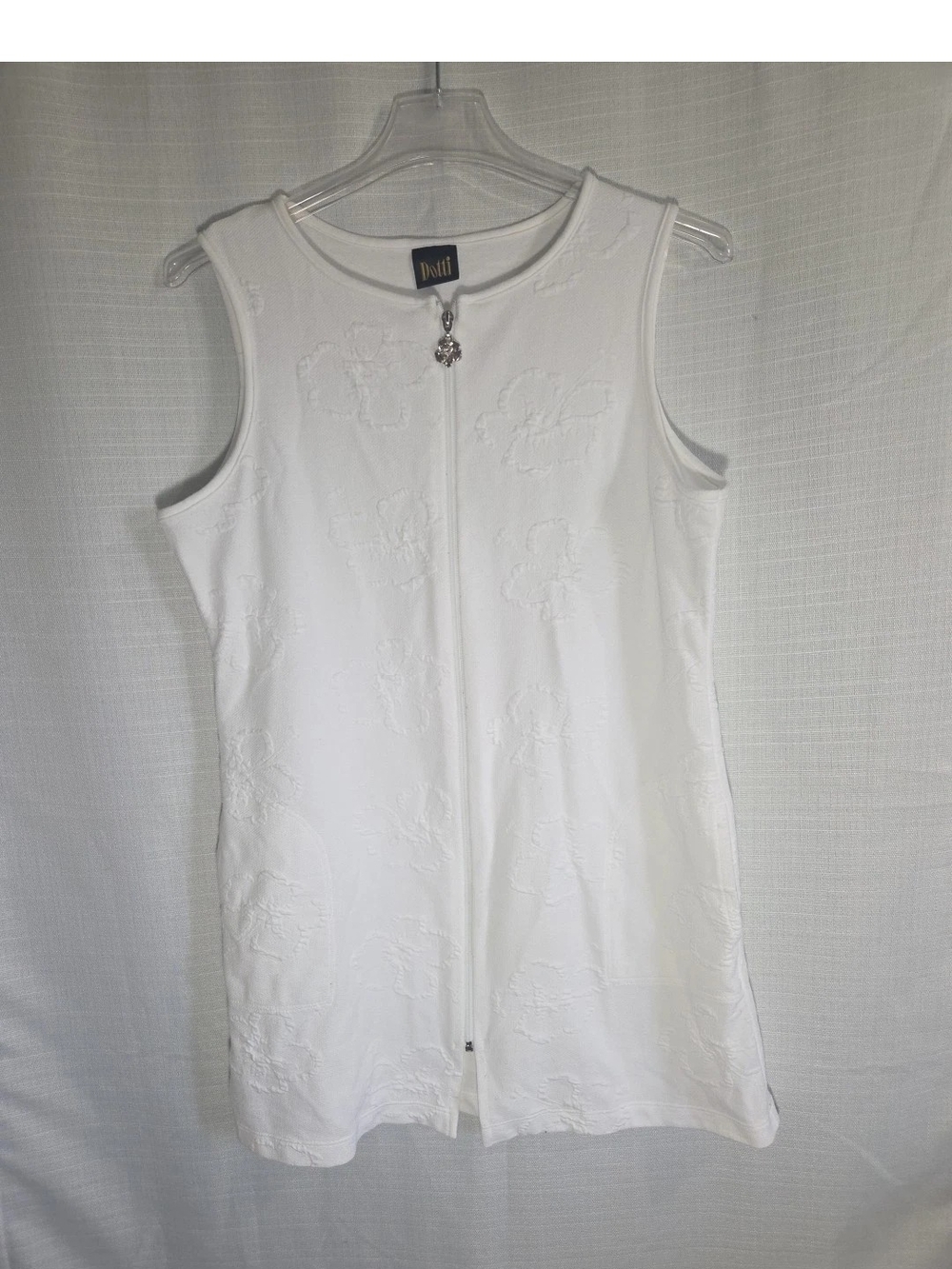 Dotti White Textured Floral Zip-Front Dress with Silver Charm Size Large Or XL
